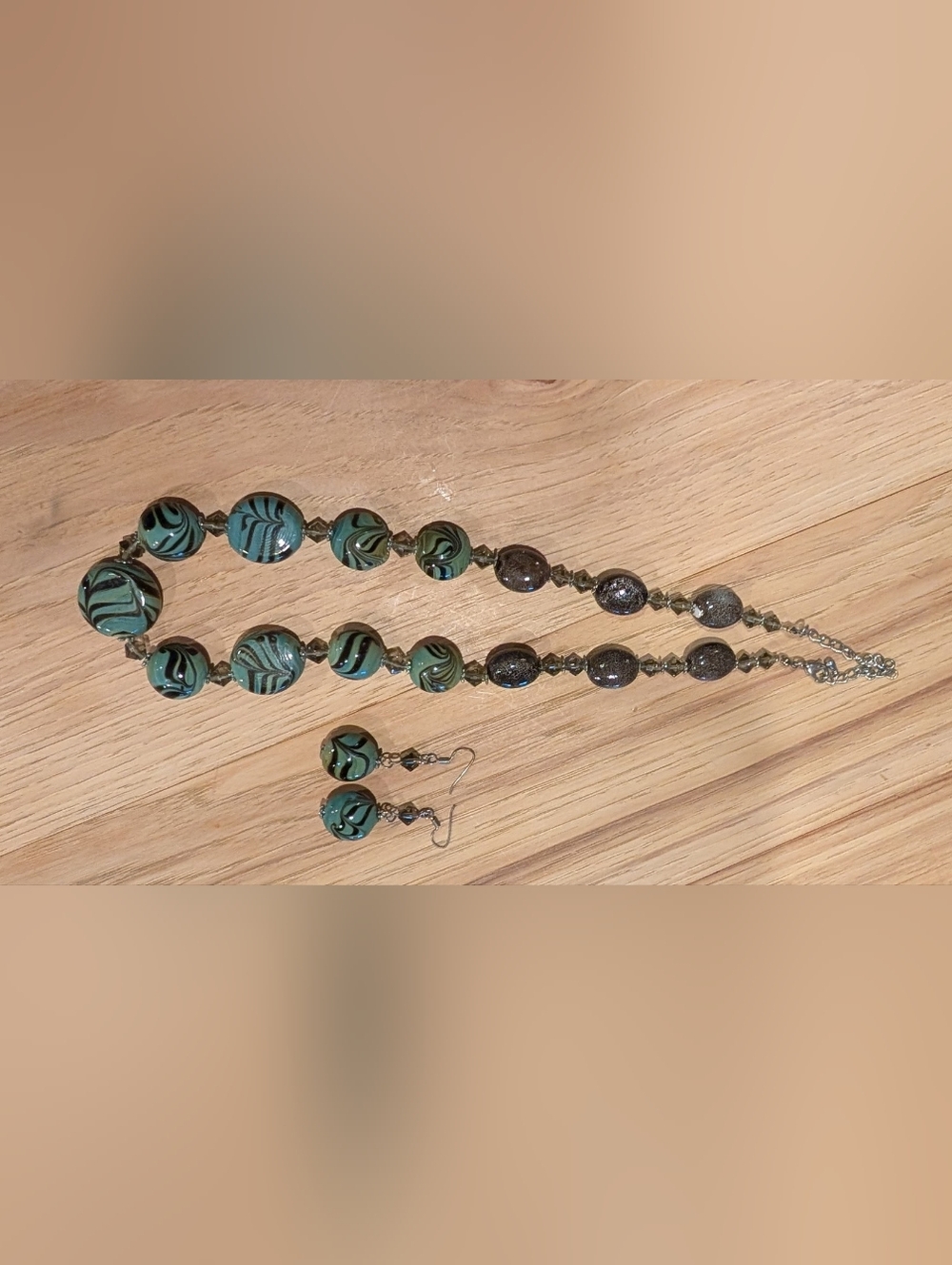 Handcrafted Green Swirl Bead Necklace and Earrings Set